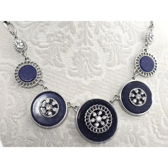 C est.1946 Brand Silver Tone & Blue Necklace 16” Rhinestone Medallions Chain - Picture 3 of 7